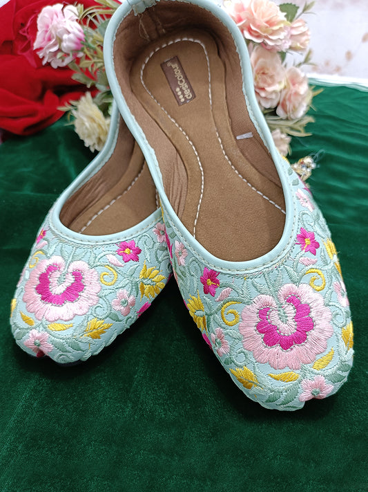 DESI COLOUR Women Sea Green Ethnic Mojaris Flats