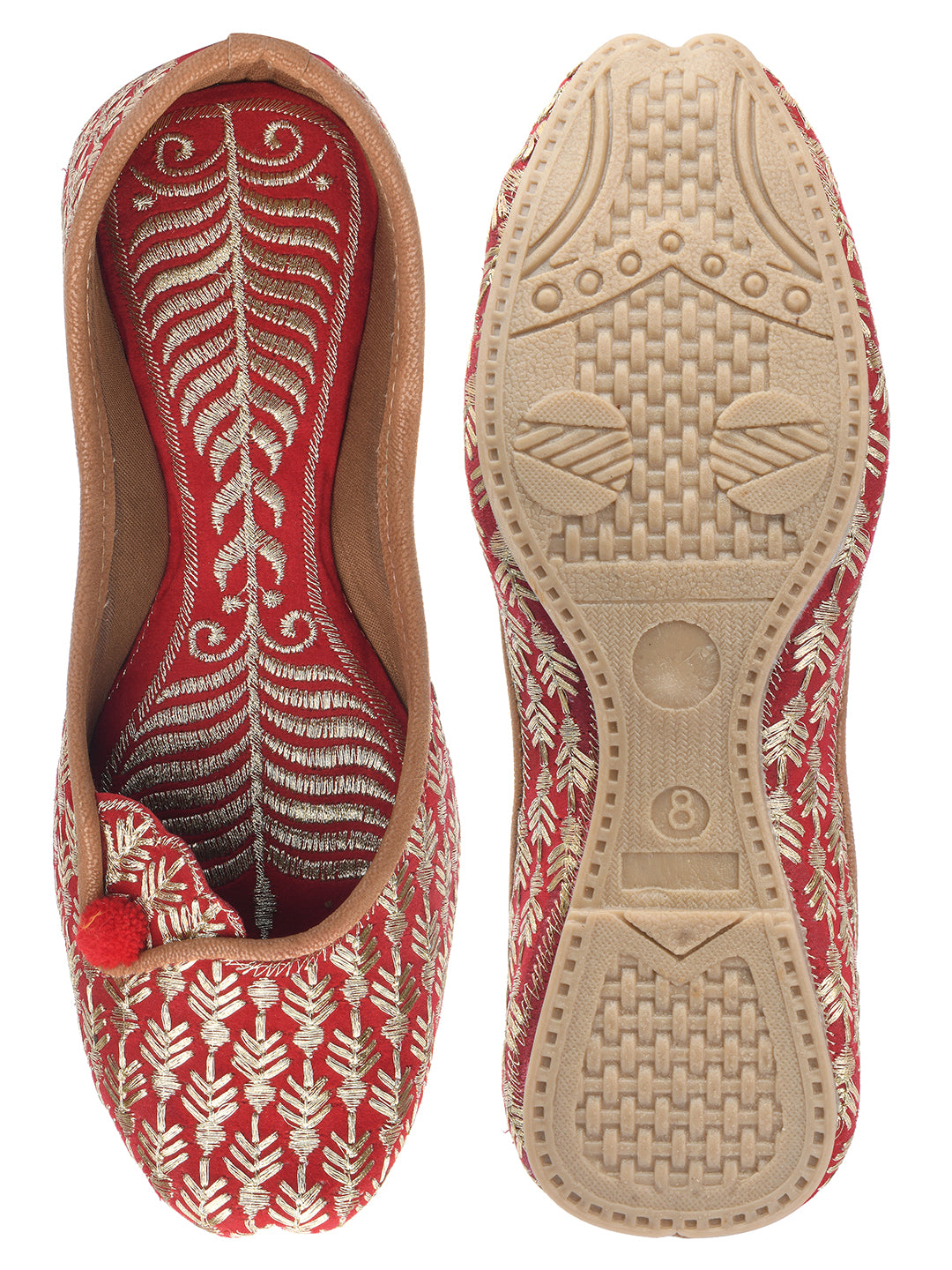 DESI COLOUR Women Red Ethnic Mojaris with Embroidered Flats