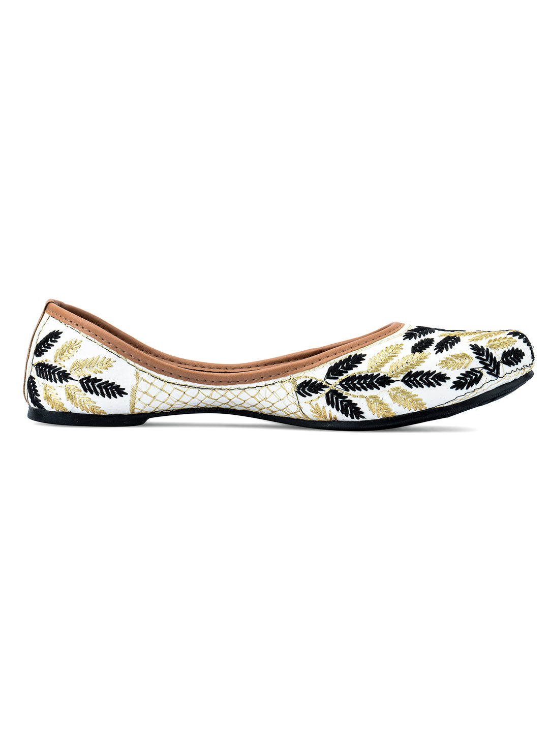DESI COLOUR Women Black  White Embroidered Ethnic Mojaris Flats