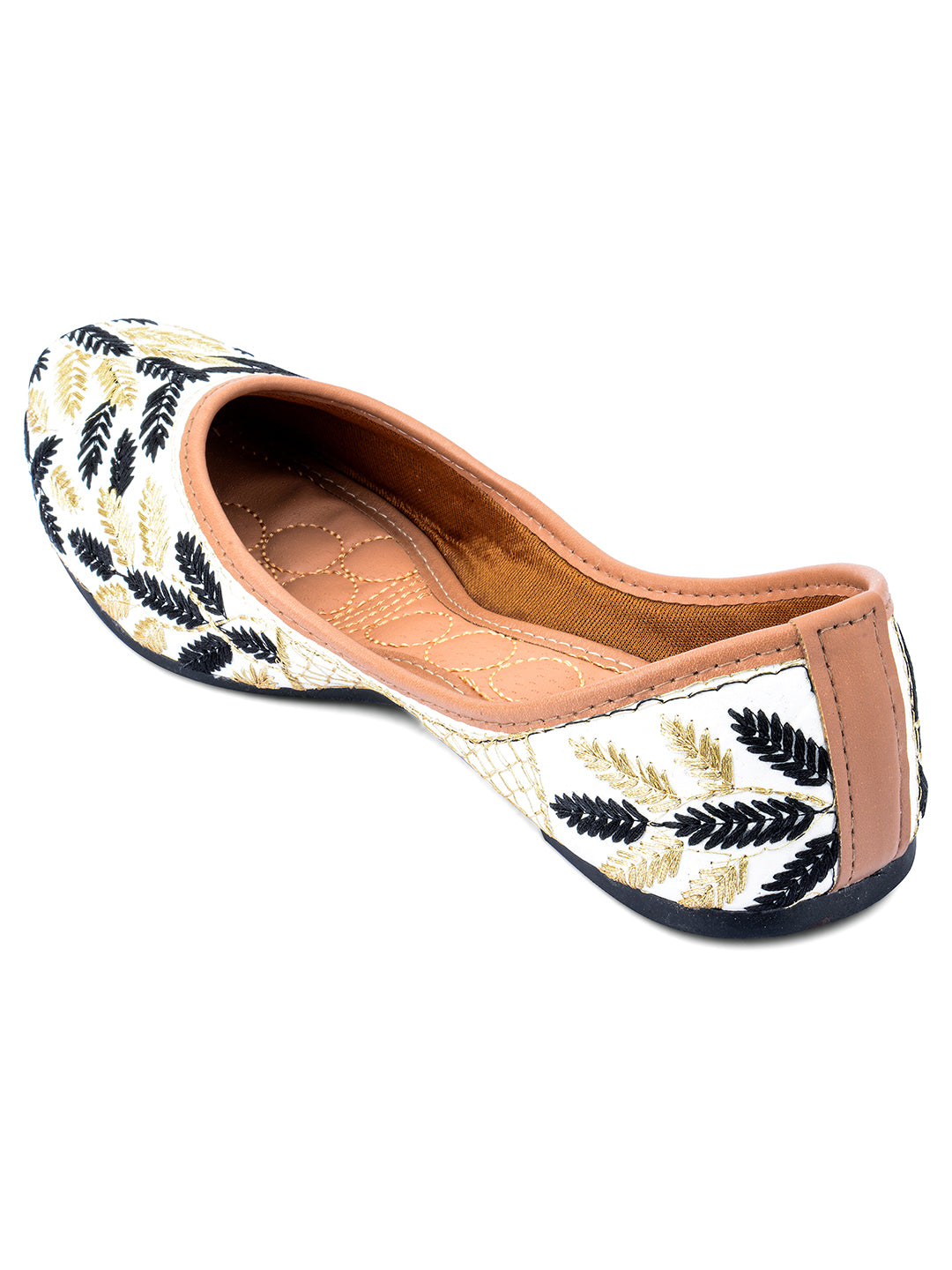 DESI COLOUR Women Black  White Embroidered Ethnic Mojaris Flats
