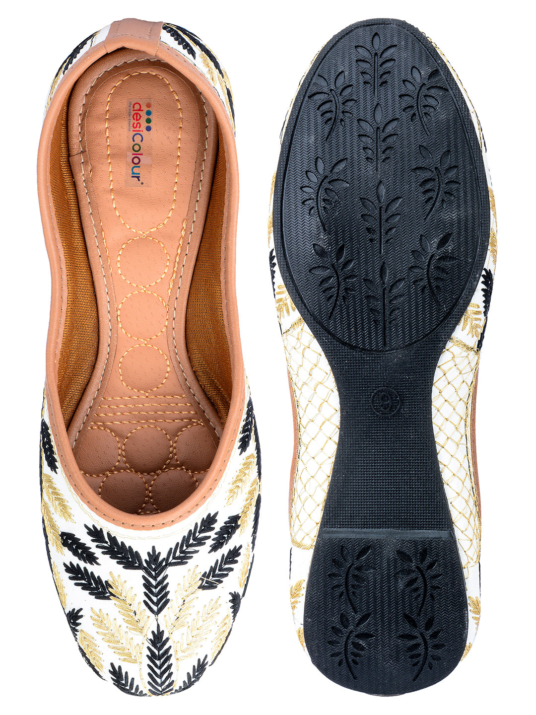 DESI COLOUR Women Black  White Embroidered Ethnic Mojaris Flats