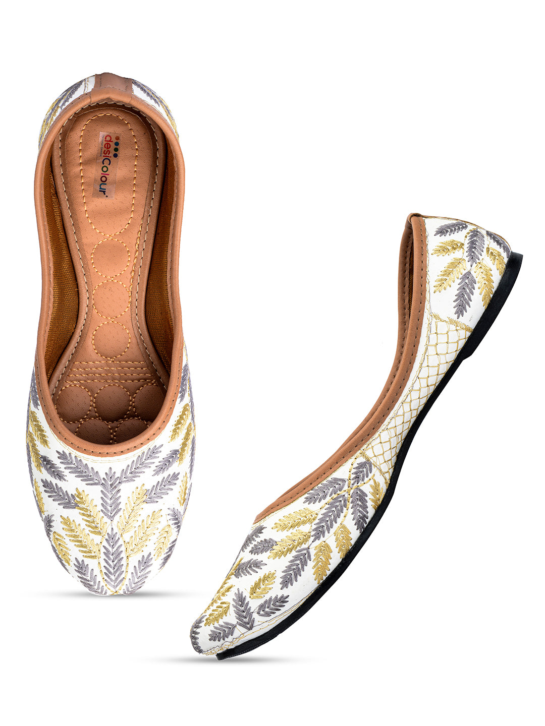 DESI COLOUR Women Black  White Embroidered Ethnic Mojaris Flats