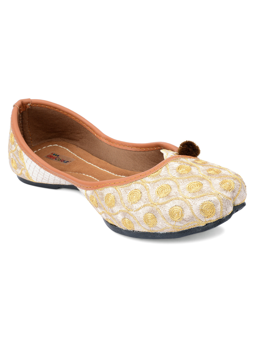 DESI COLOUR Women Gold  Silver Embroidered Leather Ethnic Mojaris Flats