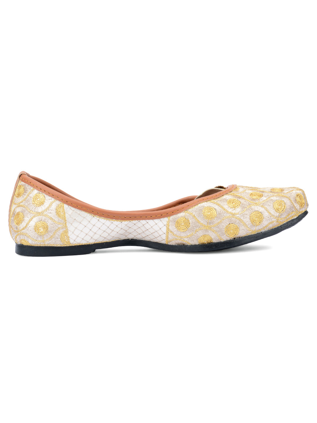 DESI COLOUR Women Gold  Silver Embroidered Leather Ethnic Mojaris Flats