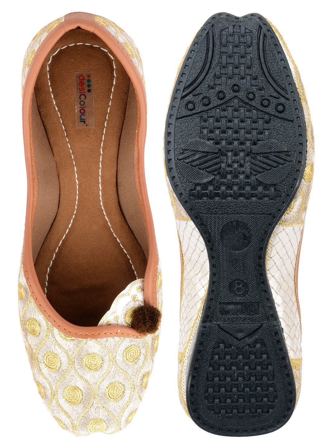 DESI COLOUR Women Gold  Silver Embroidered Leather Ethnic Mojaris Flats