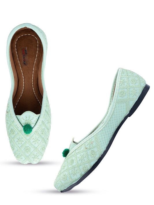 DESI COLOUR Women Sea Green Embroidered Leather Ethnic Mojaris Flats