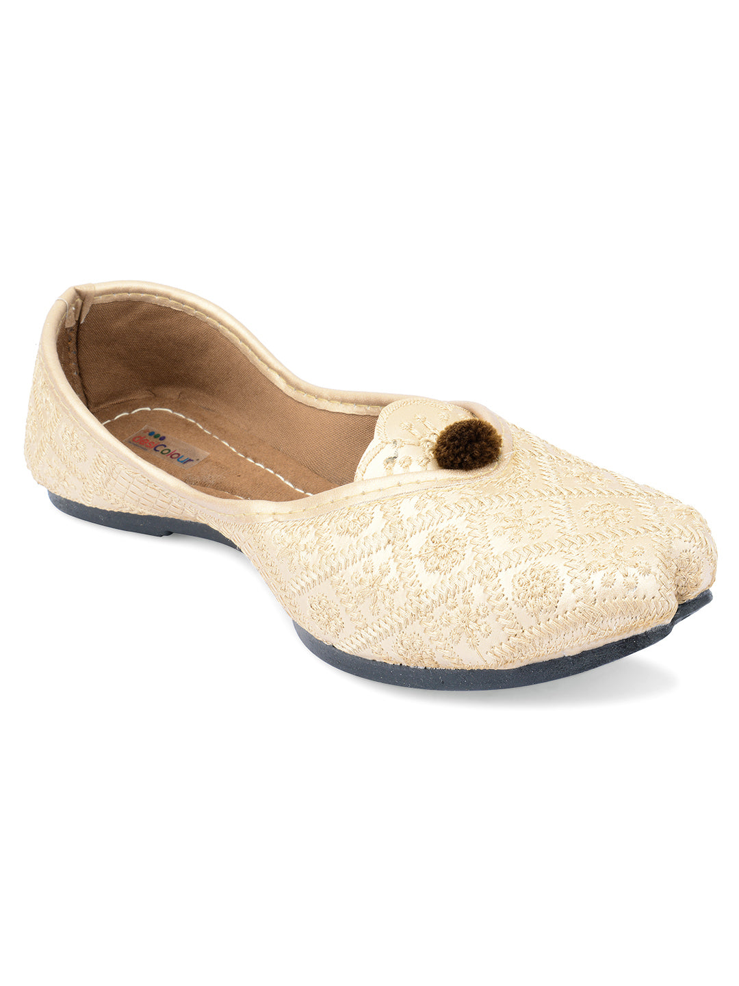 DESI COLOUR Women Gold-Toned Embellished Leather Ethnic Mojaris Flats