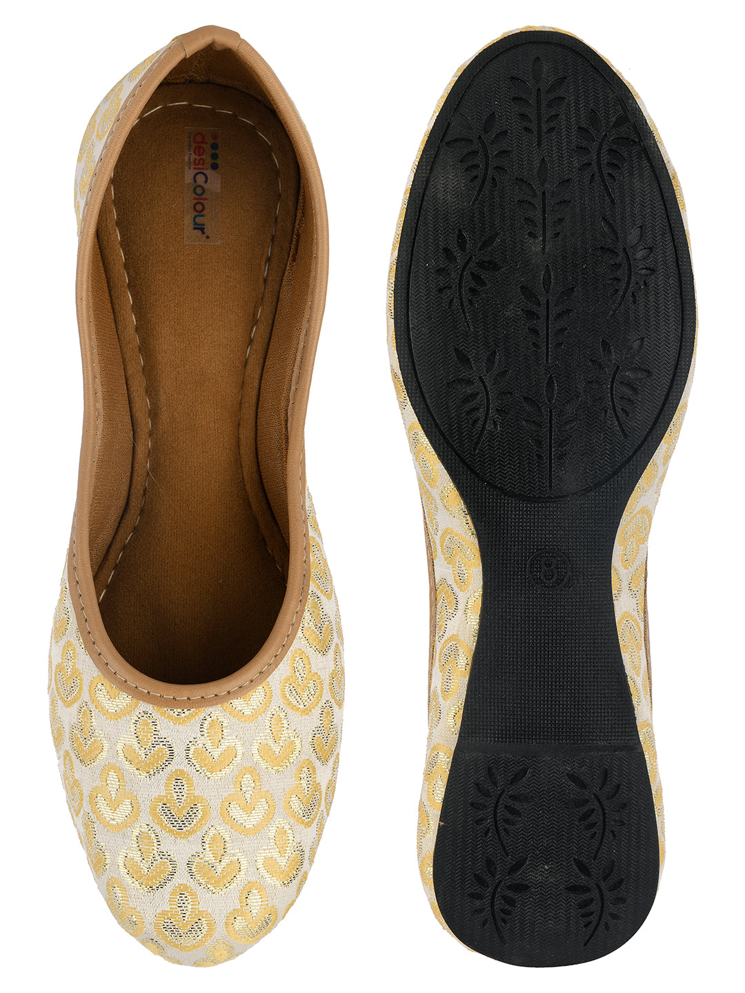 DESI COLOUR Women Gold-Toned  White Embellished Ethnic Mojaris