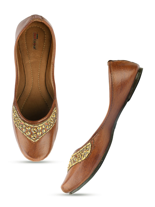 DESI COLOUR Women Brown Embellished Ethnic Mojaris Flats