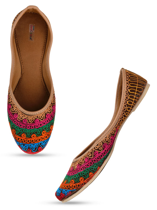 DESI COLOUR Women Orange Ethnic Mojaris with Embroidered Flats