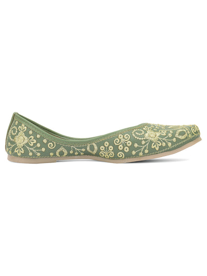 DESI COLOUR Women Green Embellished Ethnic Mojaris Flats