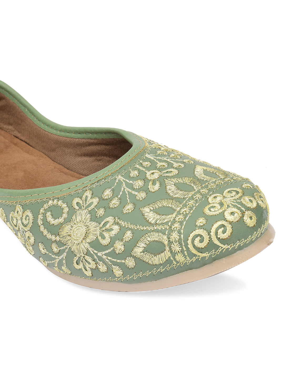 DESI COLOUR Women Green Embellished Ethnic Mojaris Flats