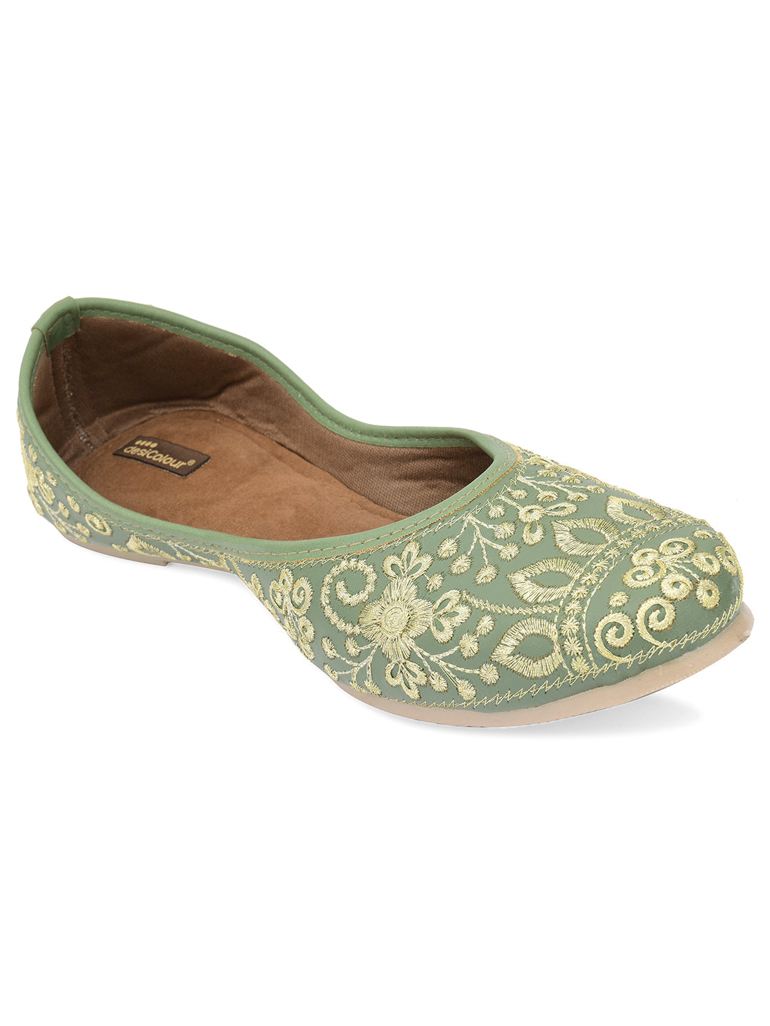 DESI COLOUR Women Green Embellished Ethnic Mojaris Flats