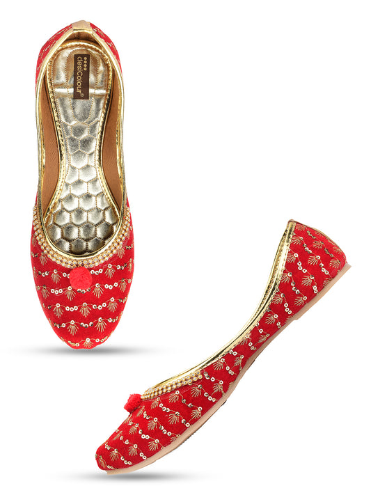 DESI COLOUR Women Red Printed Ethnic Ballerinas Flats