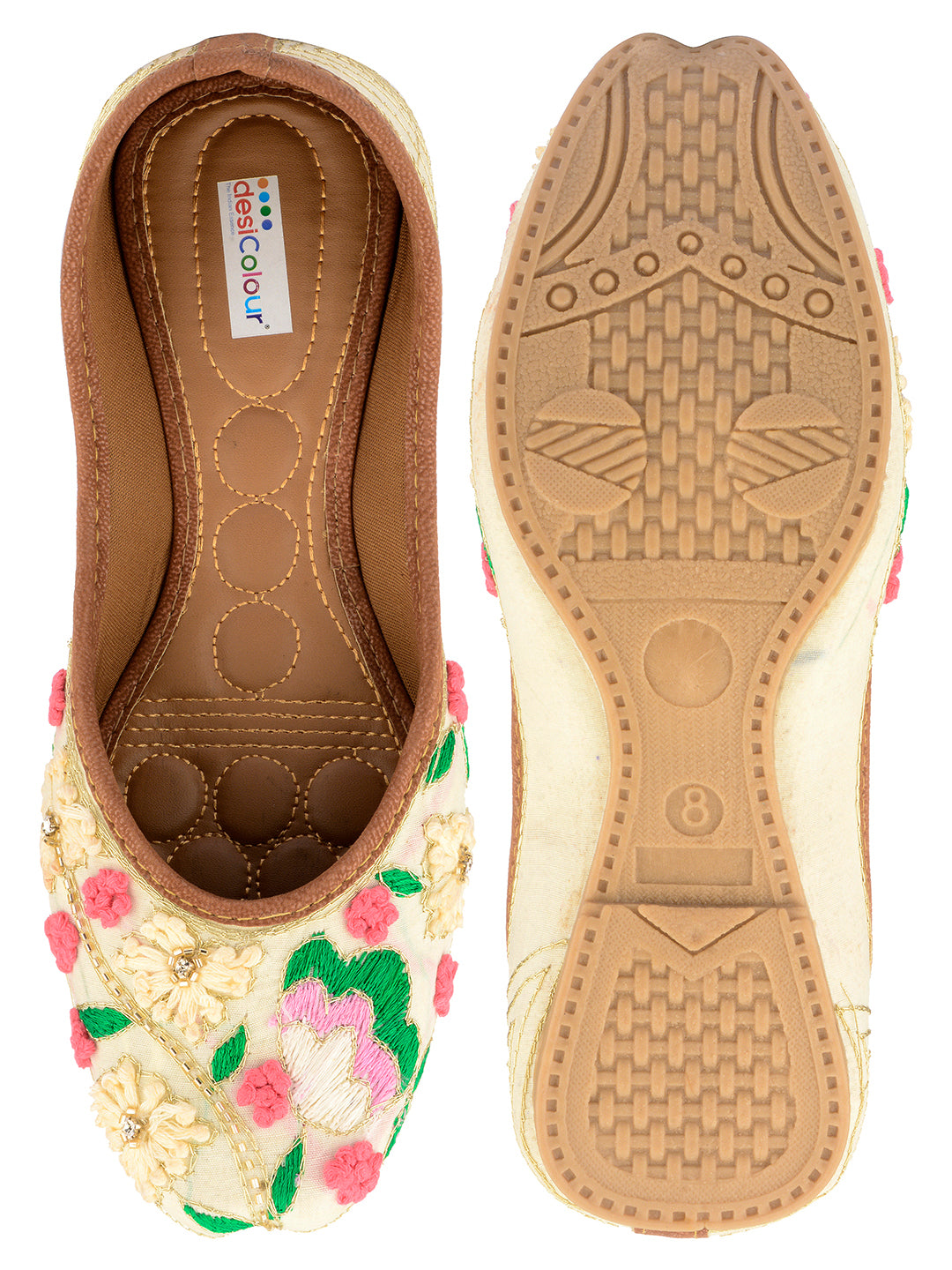 DESI COLOUR Women Cream-Coloured Embellished Ethnic Mojaris
