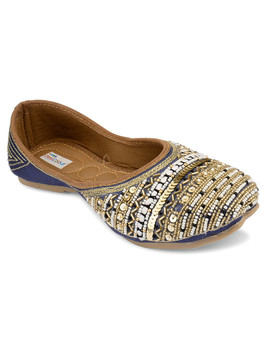 DESI COLOUR Woman Blue Ethnic Embellished Mojaris Flats