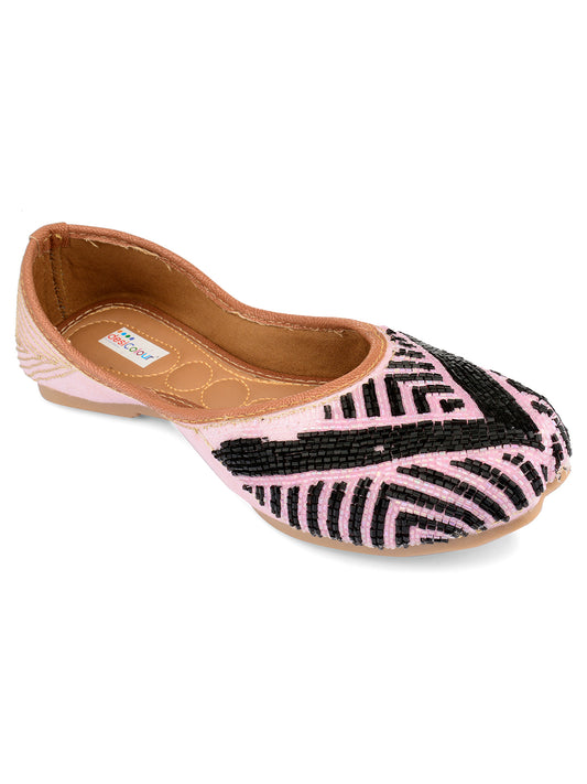 DESI COLOUR Women Pink Printed Leather Ethnic Mojaris with Laser Cuts Flats