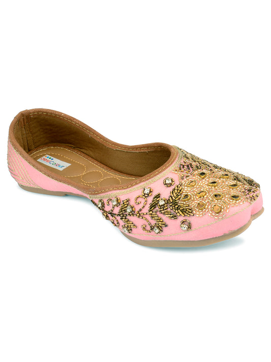 DESI COLOUR Women Pink Embellished Leather Ethnic Mojaris Flats