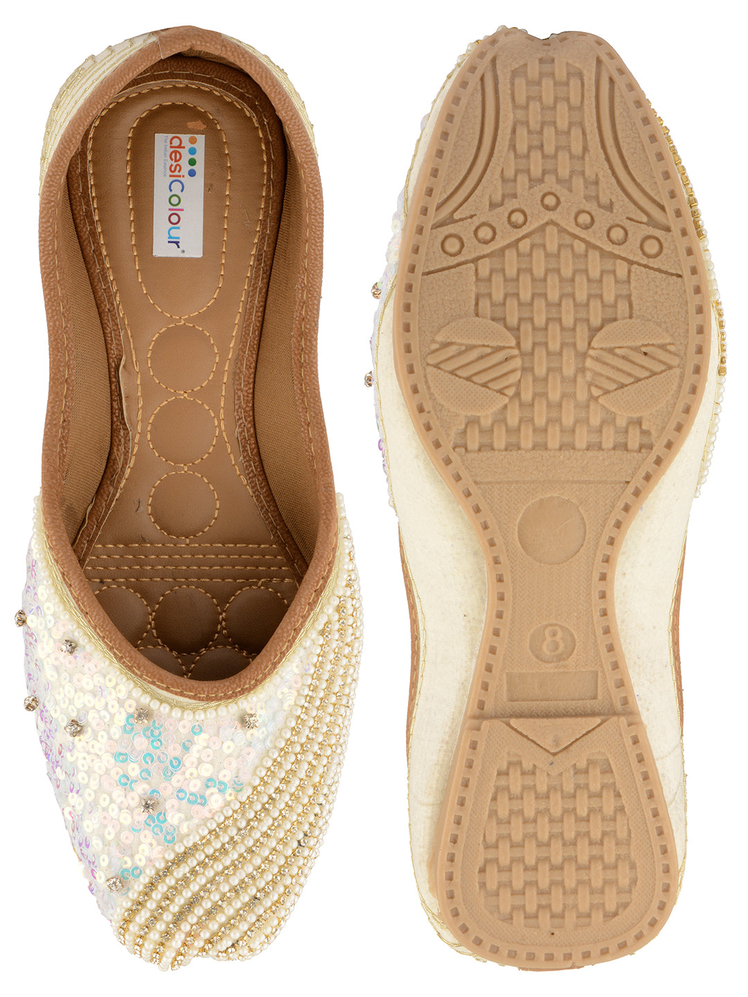 DESI COLOUR Women White Embellished Leather Ethnic Mojaris Flats