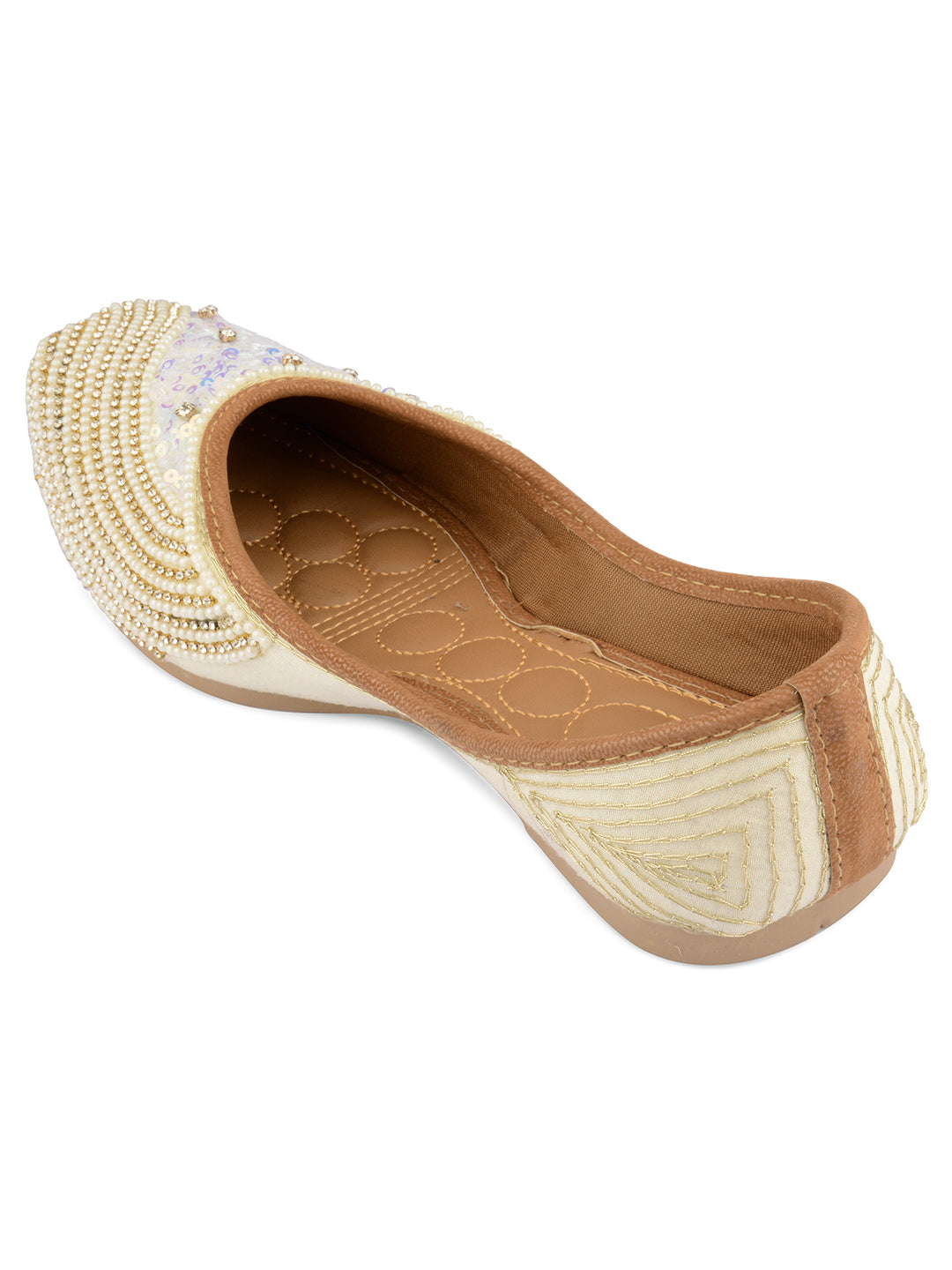 DESI COLOUR Women White Embellished Leather Ethnic Mojaris Flats