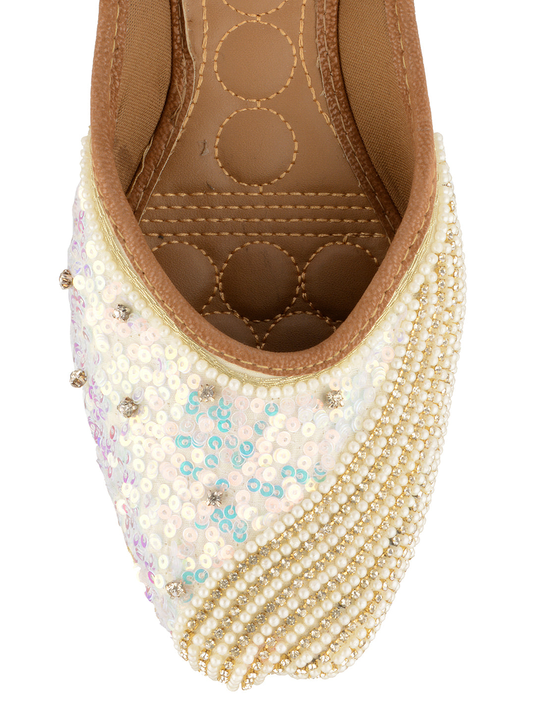 DESI COLOUR Women White Embellished Leather Ethnic Mojaris Flats
