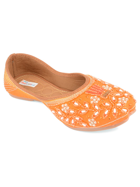 DESI COLOUR Women Orange Embellished Leather Ethnic Mojaris Flats