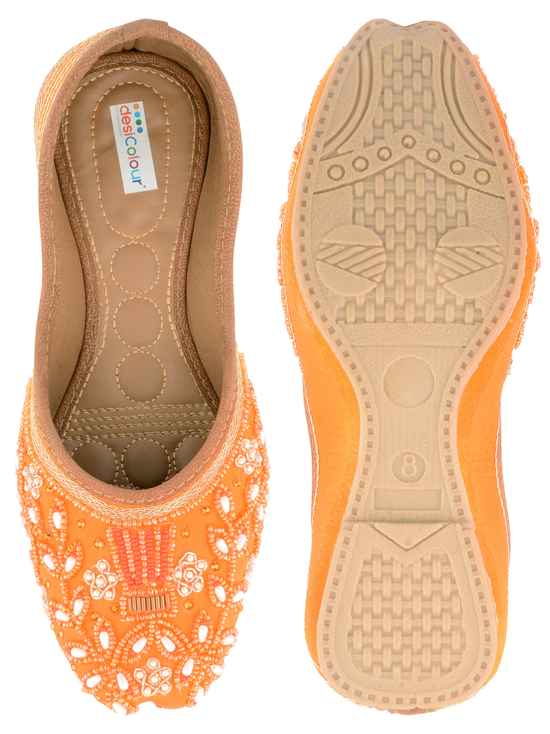 DESI COLOUR Women Orange Embellished Leather Ethnic Mojaris Flats