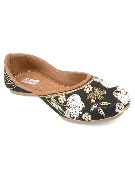 DESI COLOUR Women Black Embellished Leather Ethnic Ballerinas Flats