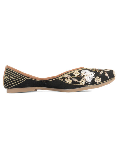 DESI COLOUR Women Black Embellished Leather Ethnic Ballerinas Flats