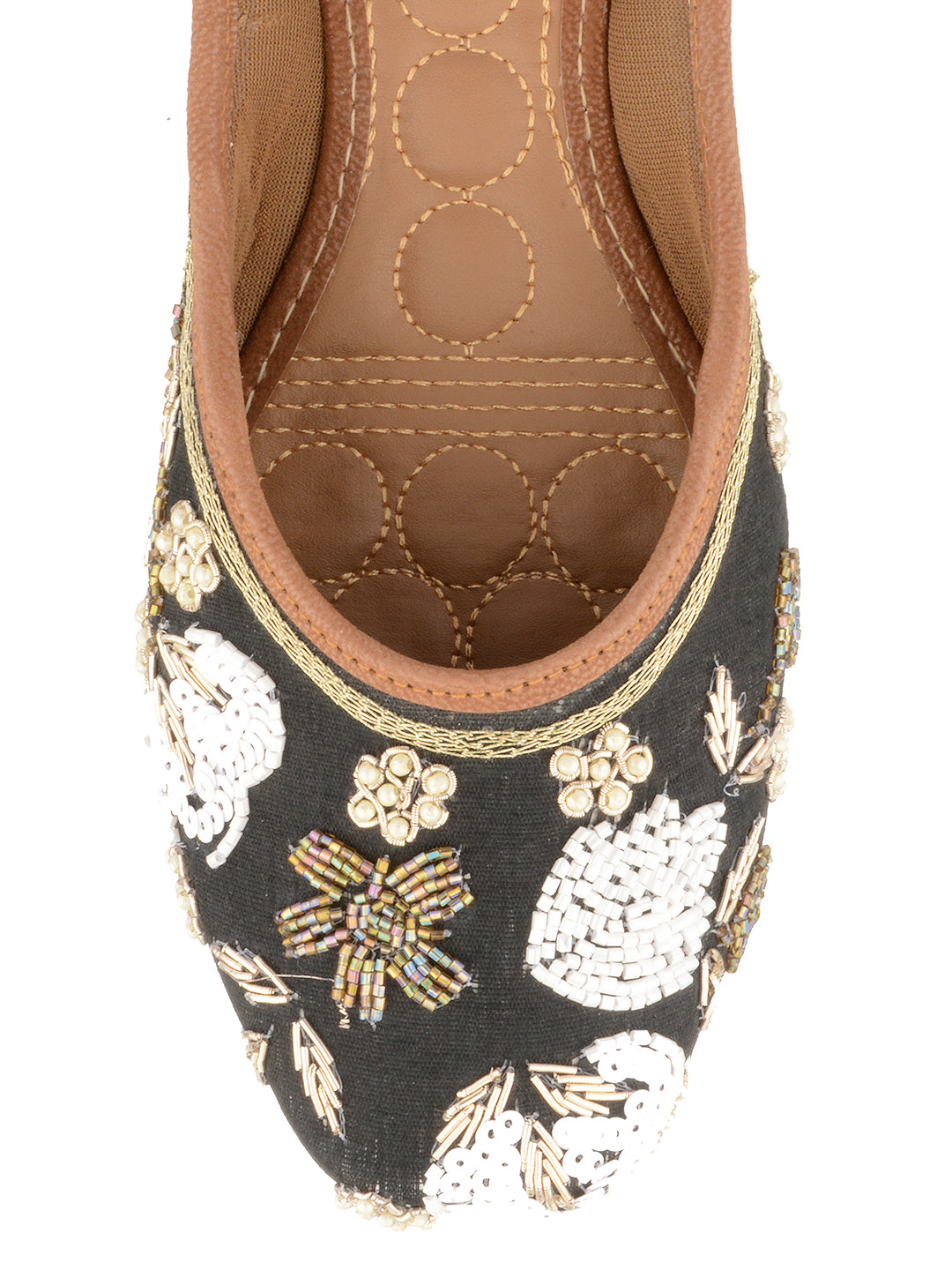 DESI COLOUR Women Black Embellished Leather Ethnic Ballerinas Flats