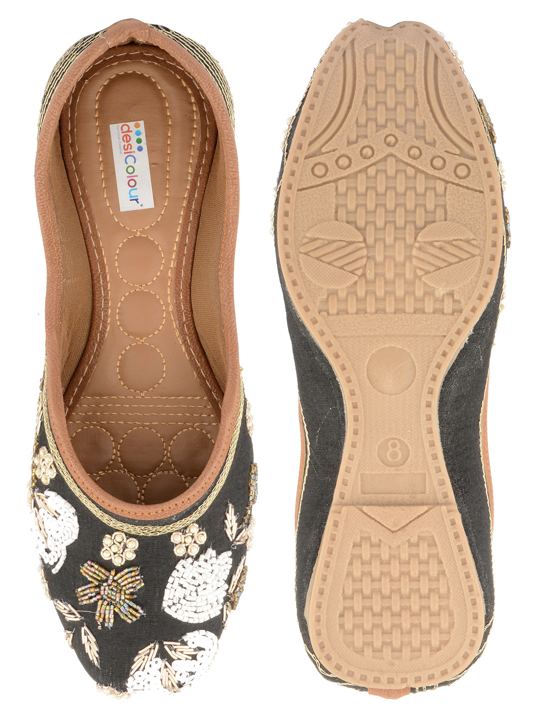 DESI COLOUR Women Black Embellished Leather Ethnic Ballerinas Flats