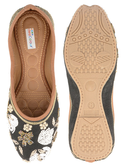DESI COLOUR Women Black Embellished Leather Ethnic Ballerinas Flats