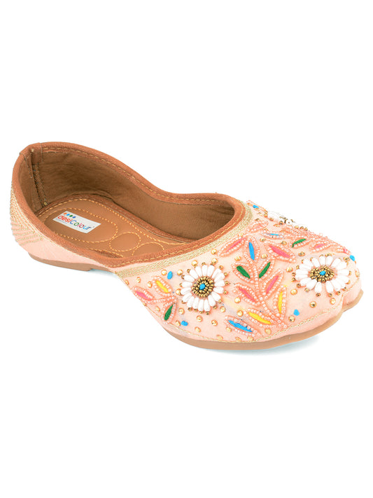 DESI COLOUR Women Peach-Coloured Embellished Leather Ethnic Mojaris Flats