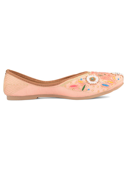 DESI COLOUR Women Peach-Coloured Embellished Leather Ethnic Mojaris Flats