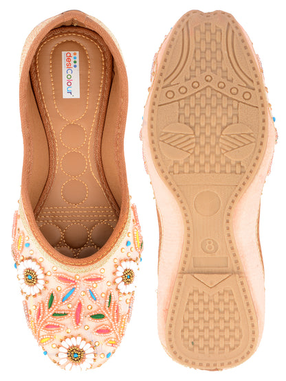 DESI COLOUR Women Peach-Coloured Embellished Leather Ethnic Mojaris Flats