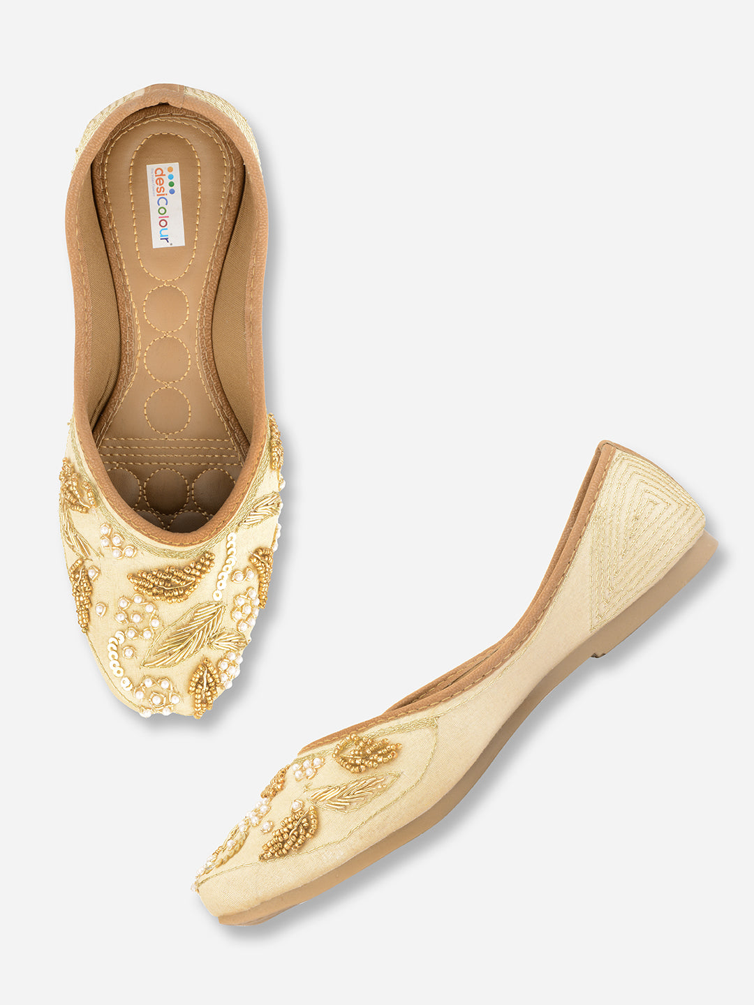 DESI COLOUR Women Gold-Toned Ethnic Ballerinas with Laser Cuts Flats