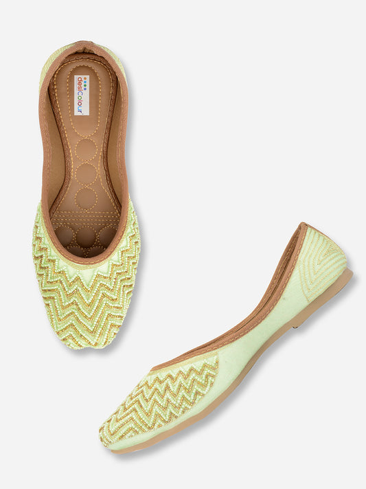 DESI COLOUR Women Sea Green Ethnic Mojaris with Laser Cuts Flats