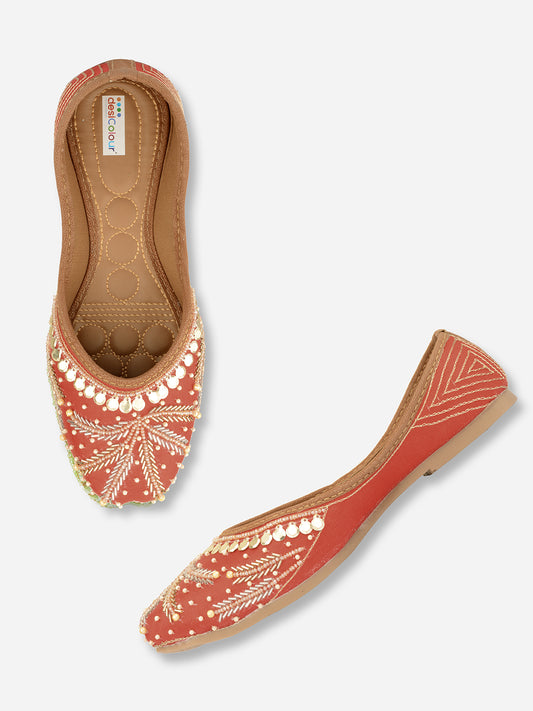 DESI COLOUR Women Red Embellished Leather Ethnic Mojaris Flats