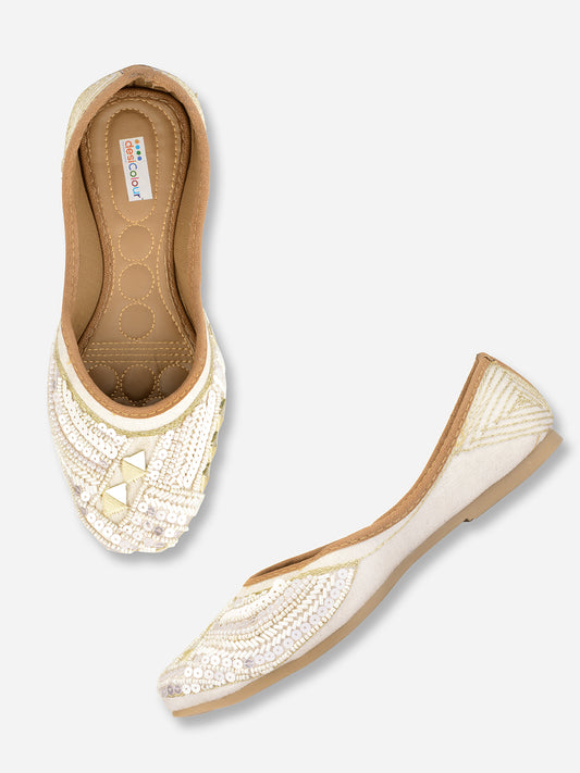 DESI COLOUR Women White Embellished Ethnic Ballerinas