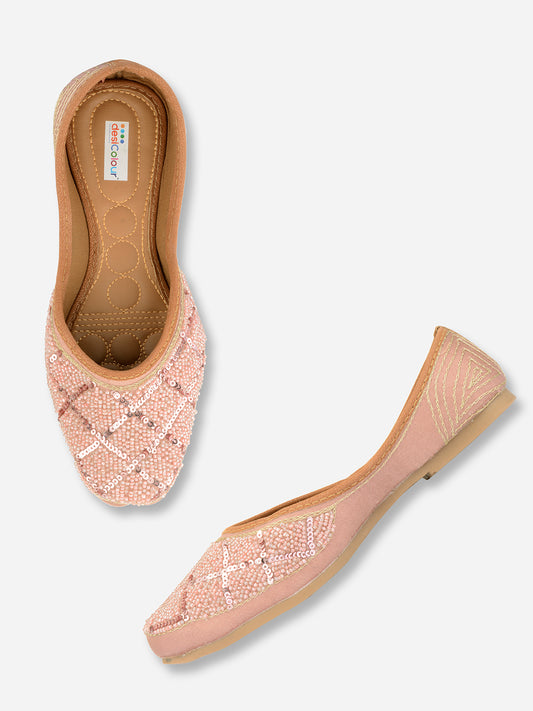 DESI COLOUR Women Pink Embellished Leather Ethnic Mojaris Flats