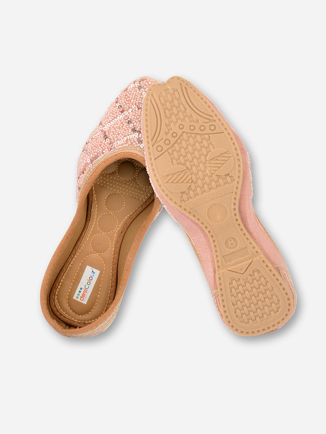 DESI COLOUR Women Pink Embellished Leather Ethnic Mojaris Flats
