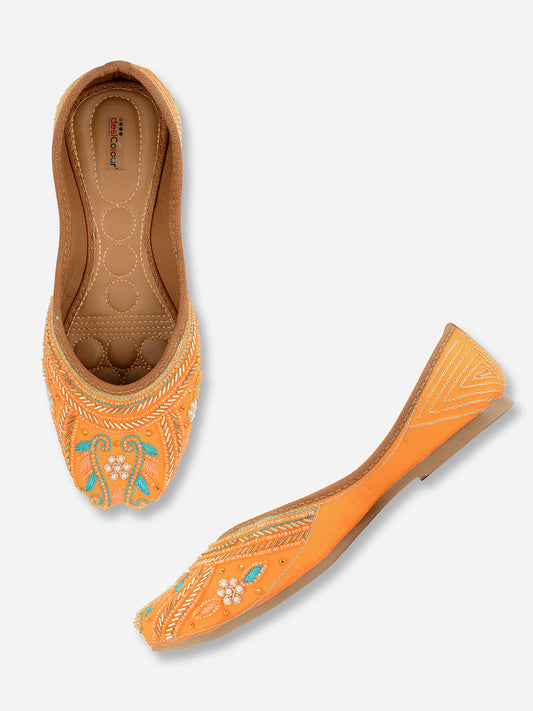 DESI COLOUR Women Orange Ethnic Ballerinas with Laser Cuts Flats