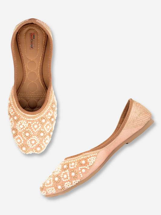 DESI COLOUR Women Peach-Coloured Embellished Leather Ethnic Ballerinas Flats