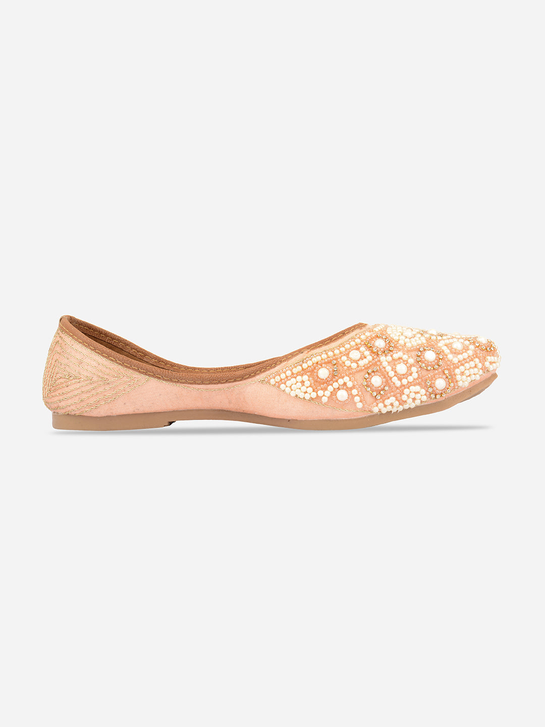 DESI COLOUR Women Peach-Coloured Embellished Leather Ethnic Ballerinas Flats