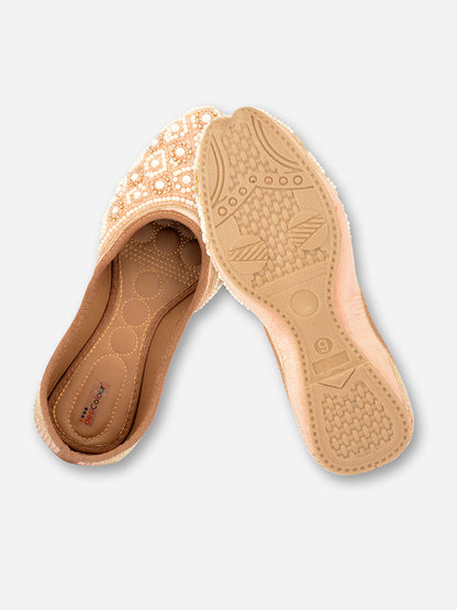 DESI COLOUR Women Peach-Coloured Embellished Leather Ethnic Ballerinas Flats
