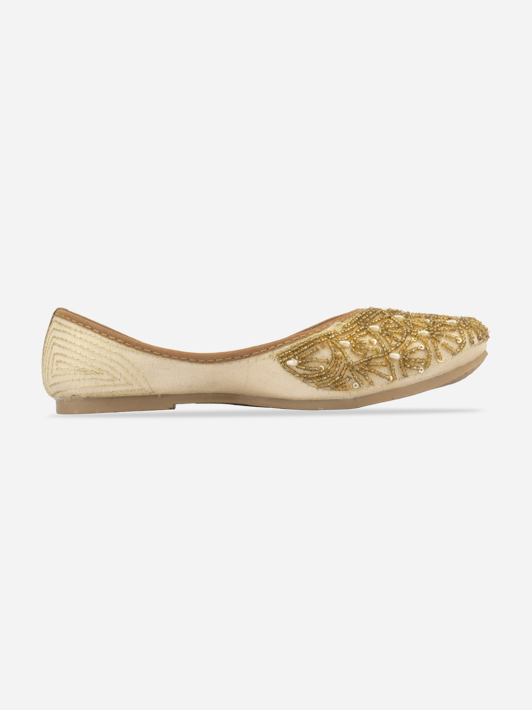 DESI COLOUR Women Beige Embellished Leather Ethnic Mojaris Flats