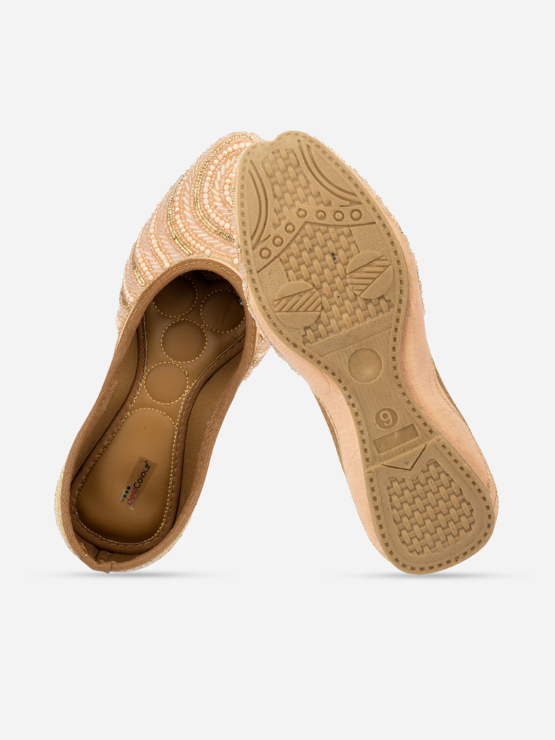 DESI COLOUR Women Peach-Coloured Embellished Leather Ethnic Ballerinas Flats