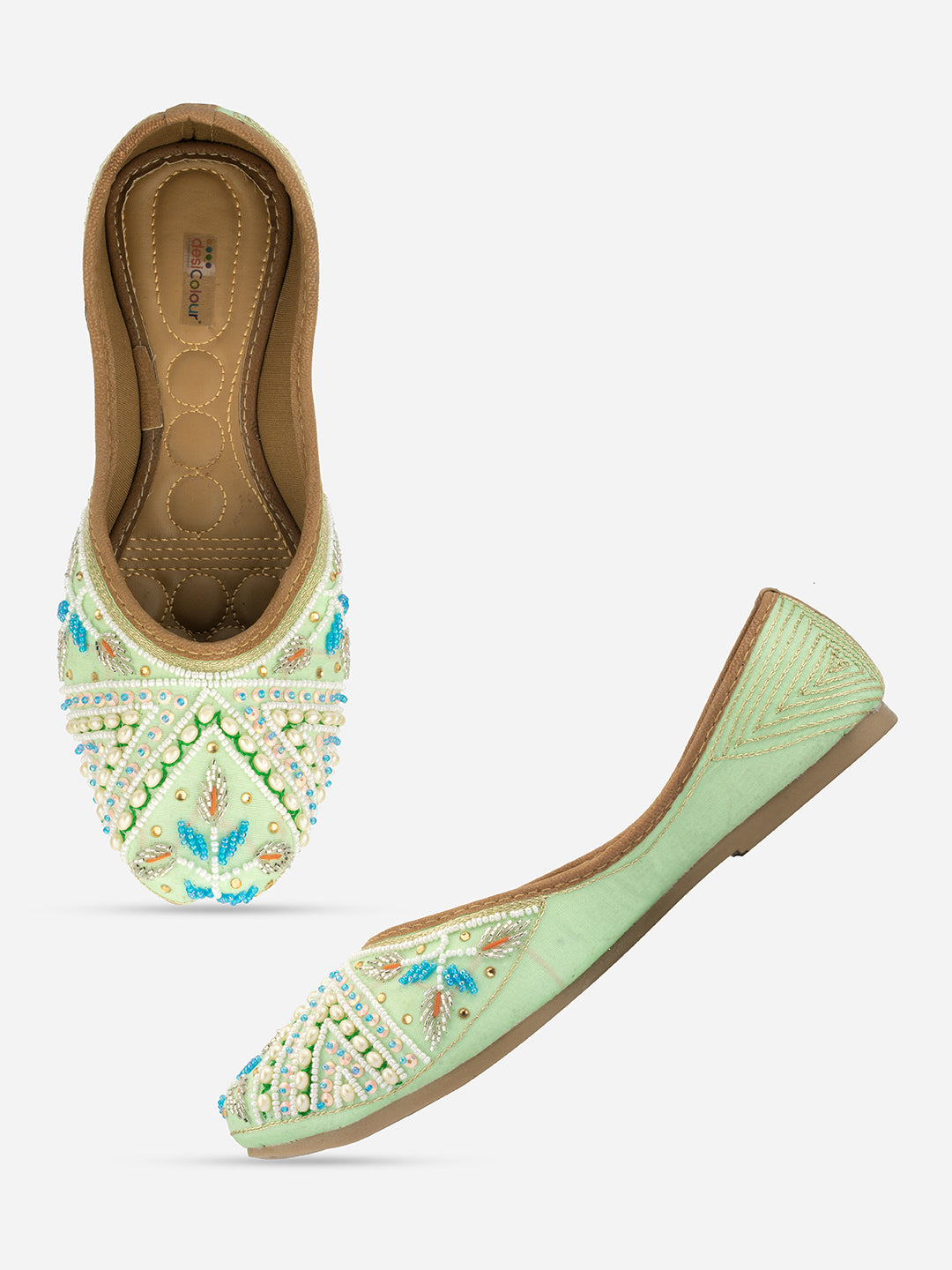 DESI COLOUR Women Sea Green Embellished Ethnic Mojaris Flats