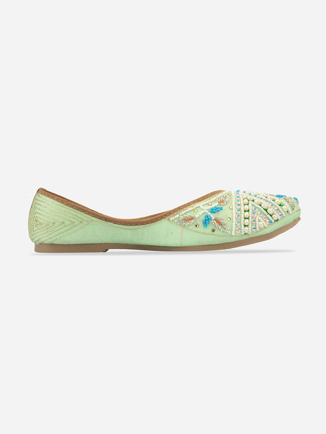 DESI COLOUR Women Sea Green Embellished Ethnic Mojaris Flats