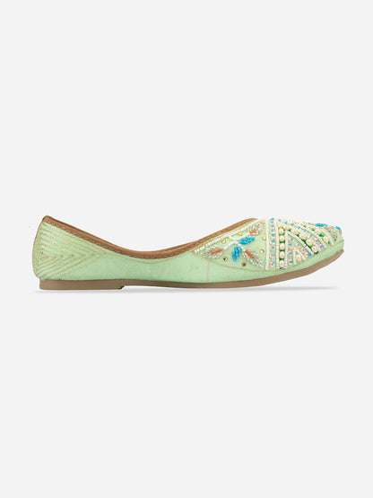 DESI COLOUR Women Sea Green Embellished Ethnic Mojaris Flats